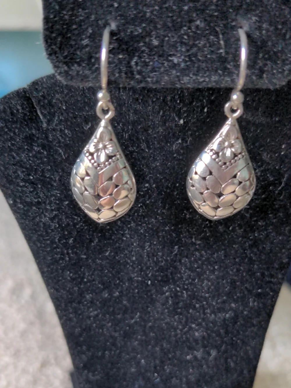 New Sterling Silver  Bali Floral Teardrop Earrings, Drop  Dangle, Casual Luxury